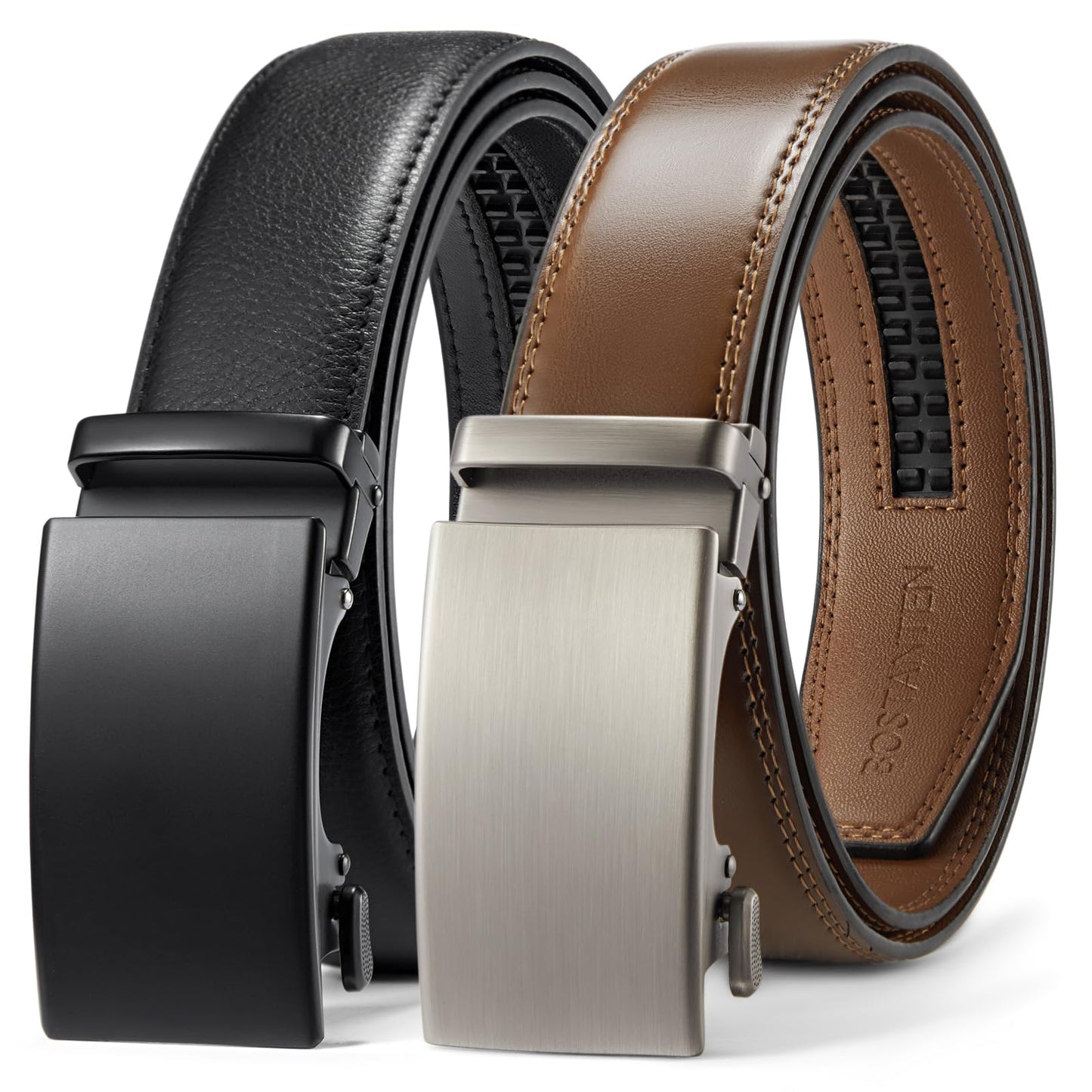 HOTBOSTANTEN Ratchet Leather Belt For Men 2 Pack Dress and Casual with Adjustable Buckle, Trim to Fit