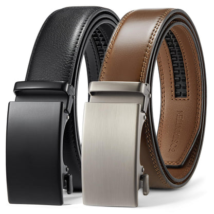 HOTBOSTANTEN Ratchet Leather Belt For Men 2 Pack Dress and Casual with Adjustable Buckle, Trim to Fit