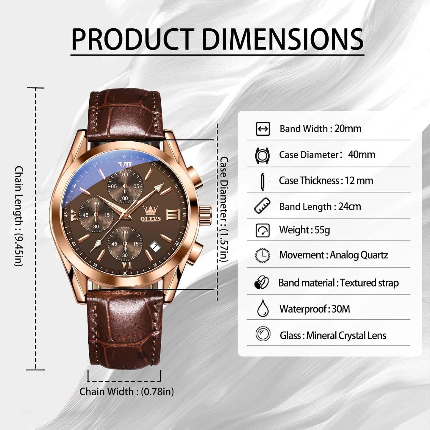 HOTOLEVS Men's Watches Brown Leather with Date,Casual Watches for Men,Large Face Watches Men,Chronograph Mens Watch,Sport Waterproof Business Dress Analog Quartz Men's Wrist Watches Reloj De Hombre