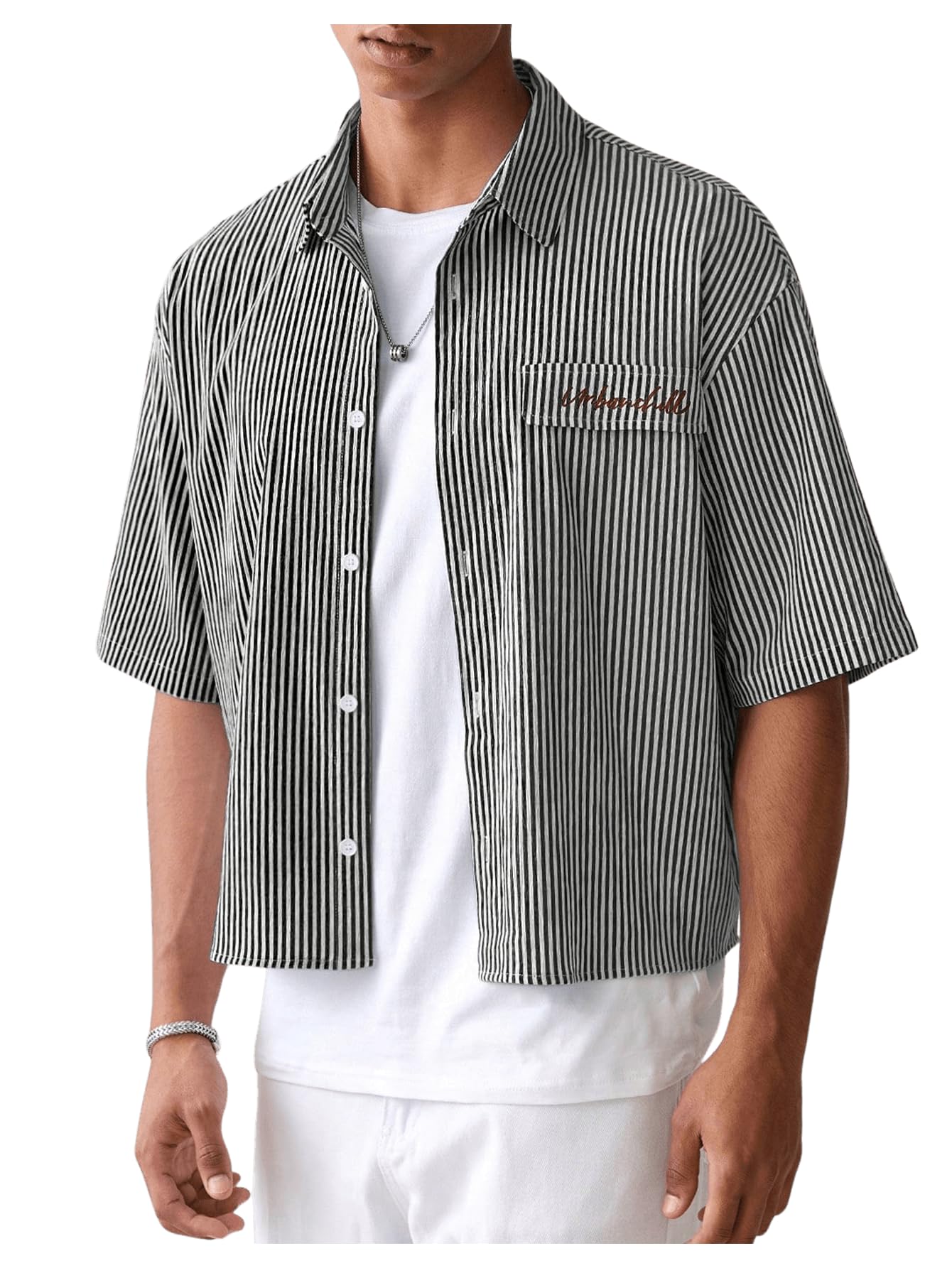 HOTGORGLITTER Men's Striped Button Down Up Cropped T Shirt Short Sleeve Letter Summer Vacation Shirts Boxy Tees Streetwear | Vintage Gingham Shirt, Drop Shoulder Crop Top, Y2K Streetwear, Summer Vacation Clothes