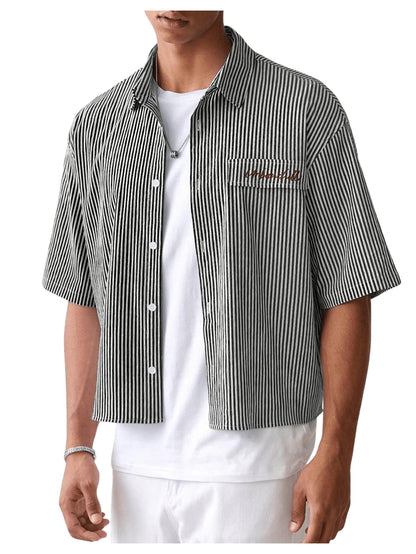 HOTGORGLITTER Men's Striped Button Down Up Cropped T Shirt Short Sleeve Letter Summer Vacation Shirts Boxy Tees Streetwear | Vintage Gingham Shirt, Drop Shoulder Crop Top, Y2K Streetwear, Summer Vacation Clothes