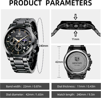 HOTBENYAR Mens Watches Analog Quartz Chronograph Waterproof Wrist Watches for Men Fashion Business Work Casual Sport Designer Dress Watch with Calendar Elegant Gifts for Men