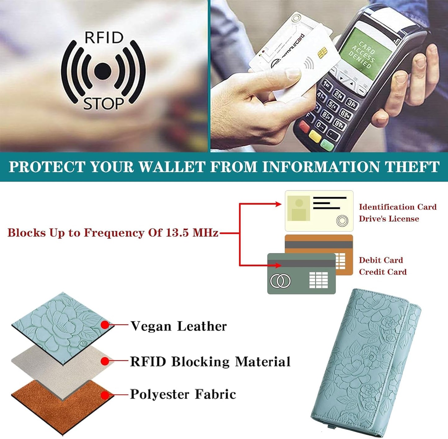 HOTGAEKEAO Wallets for Women Vegan Leather RFID Blocking Card Holder Trifold Ladies Long Purse Wristlet Clutch with 3 ID Windows
