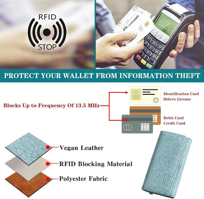 HOTGAEKEAO Wallets for Women Vegan Leather RFID Blocking Card Holder Trifold Ladies Long Purse Wristlet Clutch with 3 ID Windows
