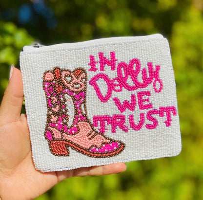 HOTIn Dolly We Trust Beaded Coin Pouch, Small Wallet, Small Pouch, Birthday Gift, Gift Card Pouch, Purse to Carry Essentials, Country Music Fan Gift