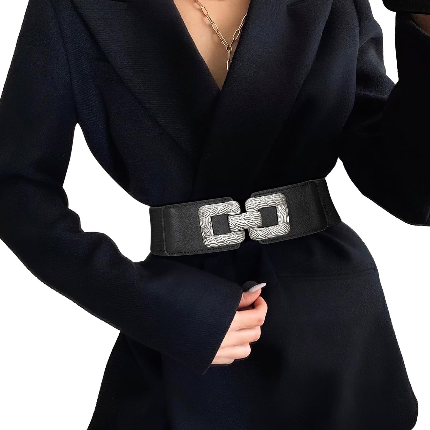 HOTWide Belts for Women Fashion Elastic Belt for Dresses Vintage Waist Belt Ladies Stretchy Belt Gold Buckle