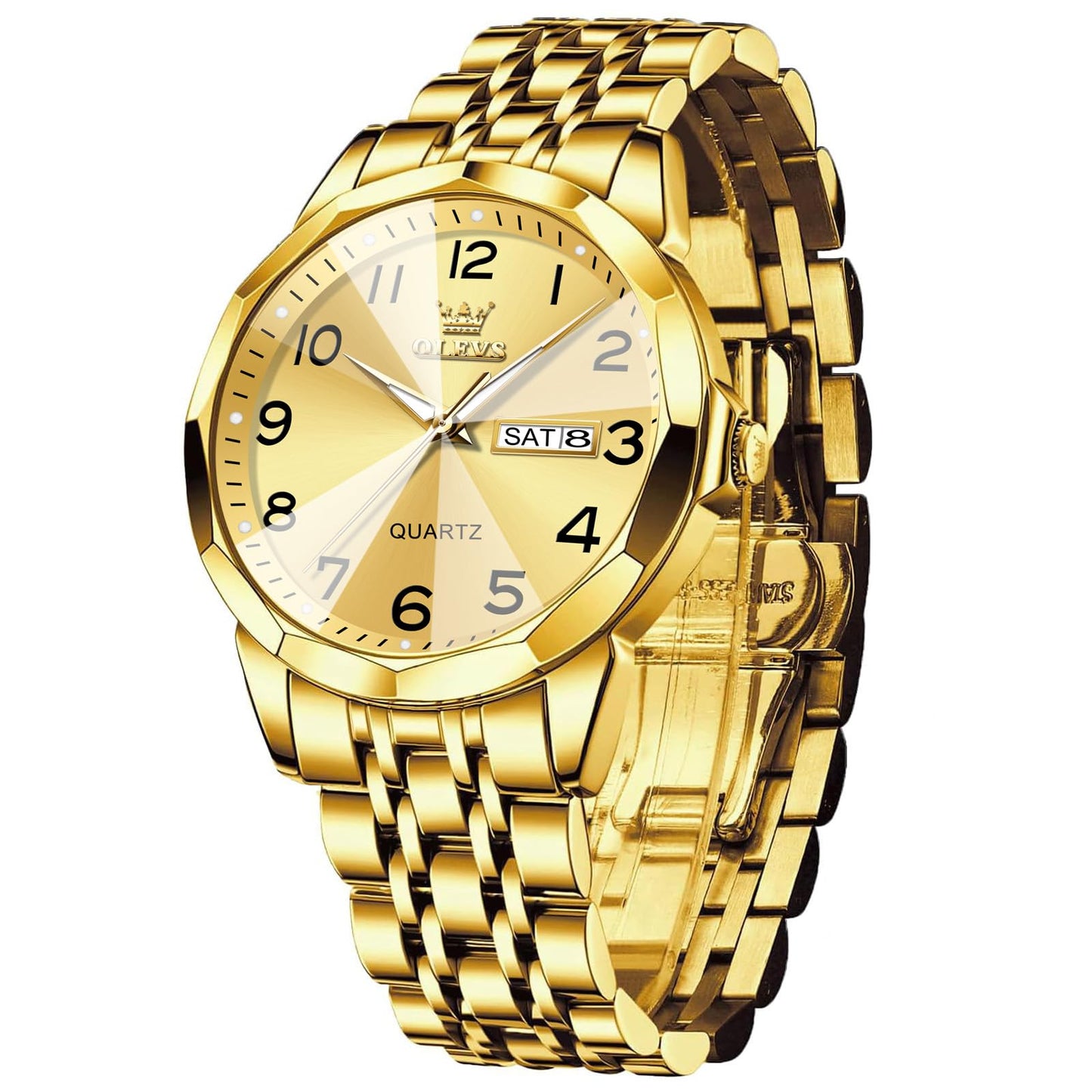 HOTOLEVS Men's Casual Stainless Steel Watch, Big Face Easy to Read Analog Quartz Watch with Day and Date, Classic Waterproof Diamond Roman Arabic Numeral Dial Dress Watch for Men, Gold Silver Black Band