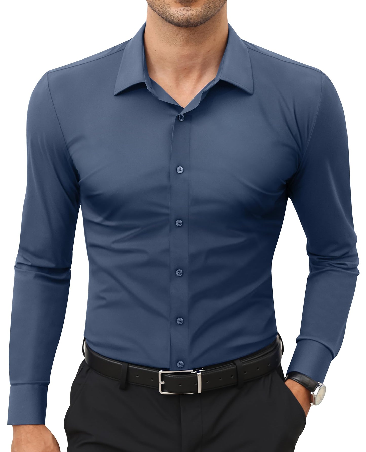 HOTLion Nardo Stretch Mens Dress Shirts Long Sleeve Slim Fit Dress Shirts for Men Muscle Fit Wrinkle Free Button Down Shirt