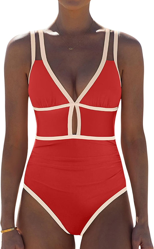 HOTpopvil Women One Piece Swimsuit 2026 Neon Tummy Control Bathing Suit | Tummy Ruched Design, Color Block, Cutout Design, Deep V Neck, Back tie,Adjustable Straps, Neon Trim,Vacation,Beach