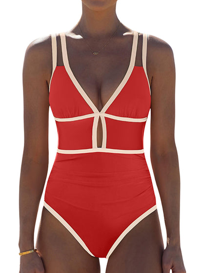 HOTpopvil Women One Piece Swimsuit 2026 Neon Tummy Control Bathing Suit | Tummy Ruched Design, Color Block, Cutout Design, Deep V Neck, Back tie,Adjustable Straps, Neon Trim,Vacation,Beach