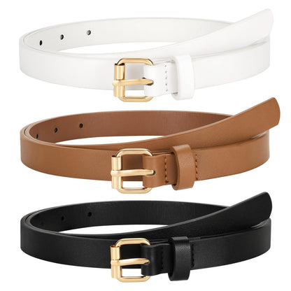 HOTTRIWORKS 3 Pack Women Skinny Leather Belt for Jeans Pants Dress Ladies Thin Waist Belt with Gold Buckle
