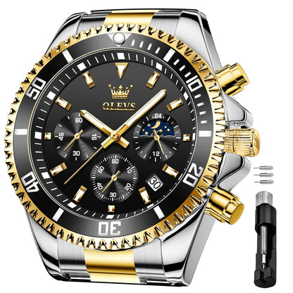 HOTOLEVS Men's Waterproof Watches Stainless Steel Waterproof Chronograph Wrist Watches Luxury Dress White Luminous Big Face Analog Quartz Male Watches