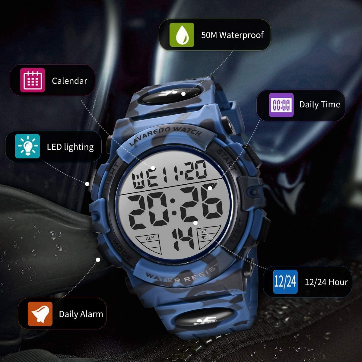 HOTL LAVAREDO Mens Digital Watch Sports Military Watches Waterproof Outdoor Chronograph Wrist Watches for Men with LED Back Ligh/Alarm/Date