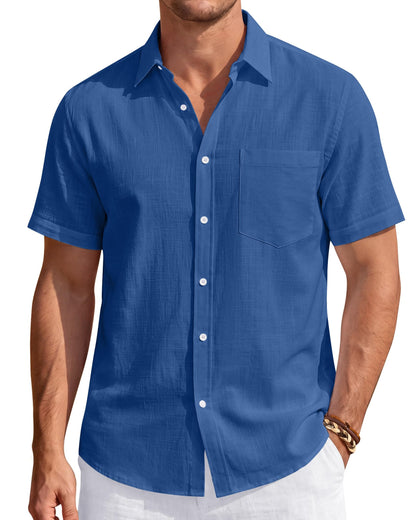 HOTJ.VER Mens Linen Shirt Short Sleeve Button Down Casual Summer Shirts | Cotton Linen, Untucked, Big Tall, from Beach Camp Vacation, Cruise Fishing, Work Office, to Wedding Party Family, with Pocket