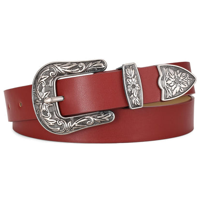 HOTJASGOOD Women Leather Belts Ladies Vintage Western Design Black Waist Belt for Pants Jeans Dresses