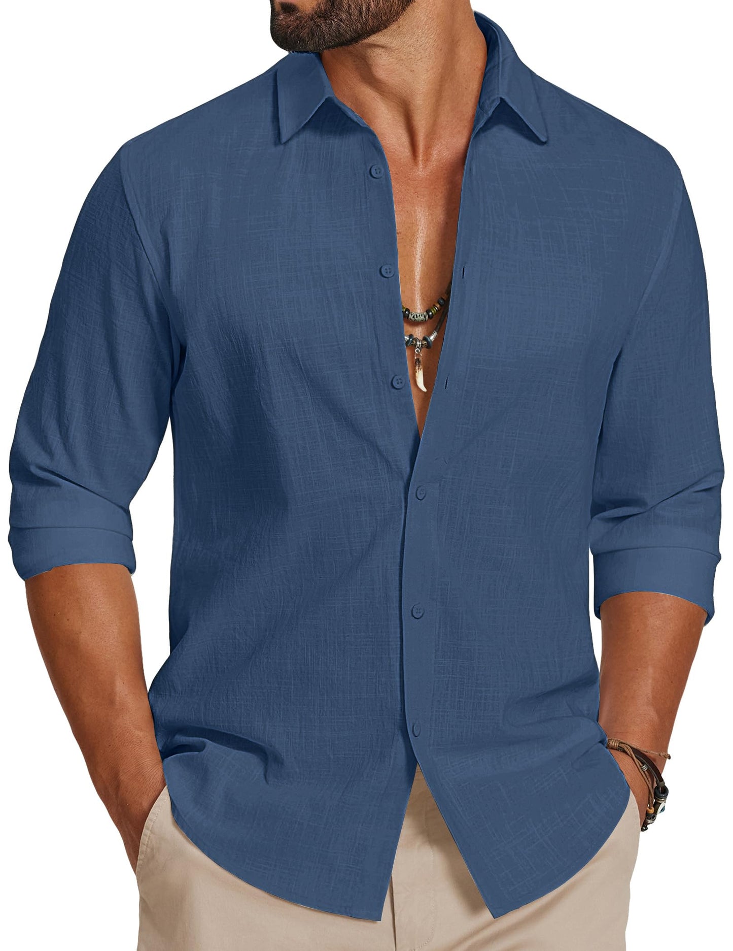 HOTCOOFANDY Men's Casual Button Down Shirts Long Sleeve Cotton Beach Wedding Shirt Summer Linen Shirt for Men