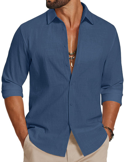 HOTCOOFANDY Men's Casual Button Down Shirts Long Sleeve Cotton Beach Wedding Shirt Summer Linen Shirt for Men