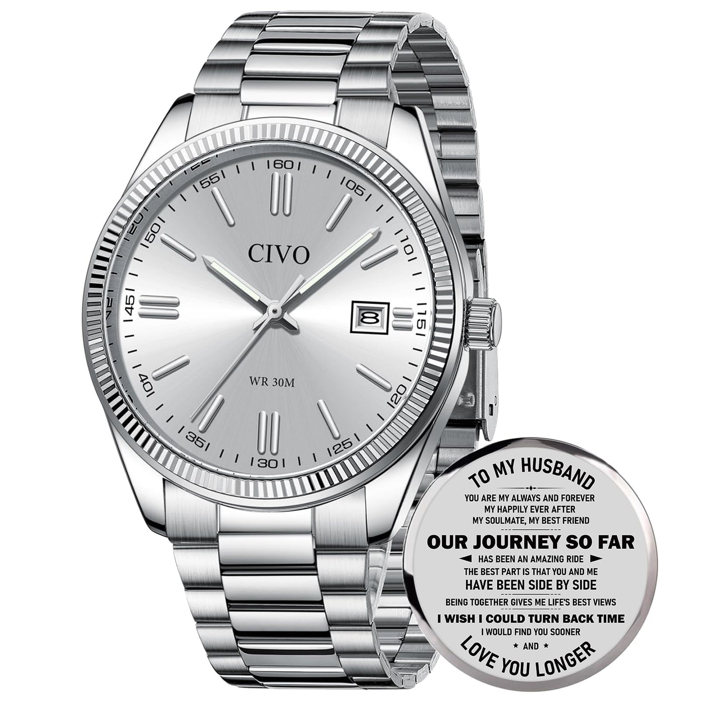 HOTCIVO Analog Mens Watches Silver: Wrist Watches with Date Easy to Read | Dress Stainless Steel Watch for Men, Gifts for Husband Father at Birthday Anniversary