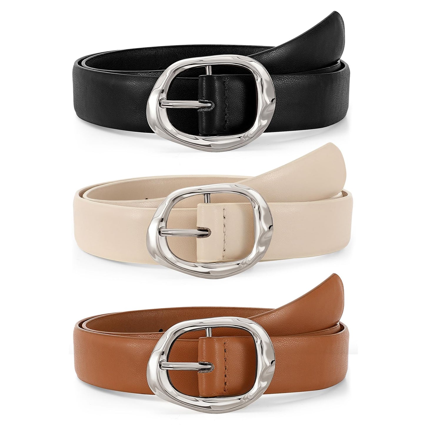 HOTJASGOOD 3 Pack Women Belts for Jeans Pants Ladies Leather Waist Belt Casual Fashion Trend Belt for Women with Gold Buckle