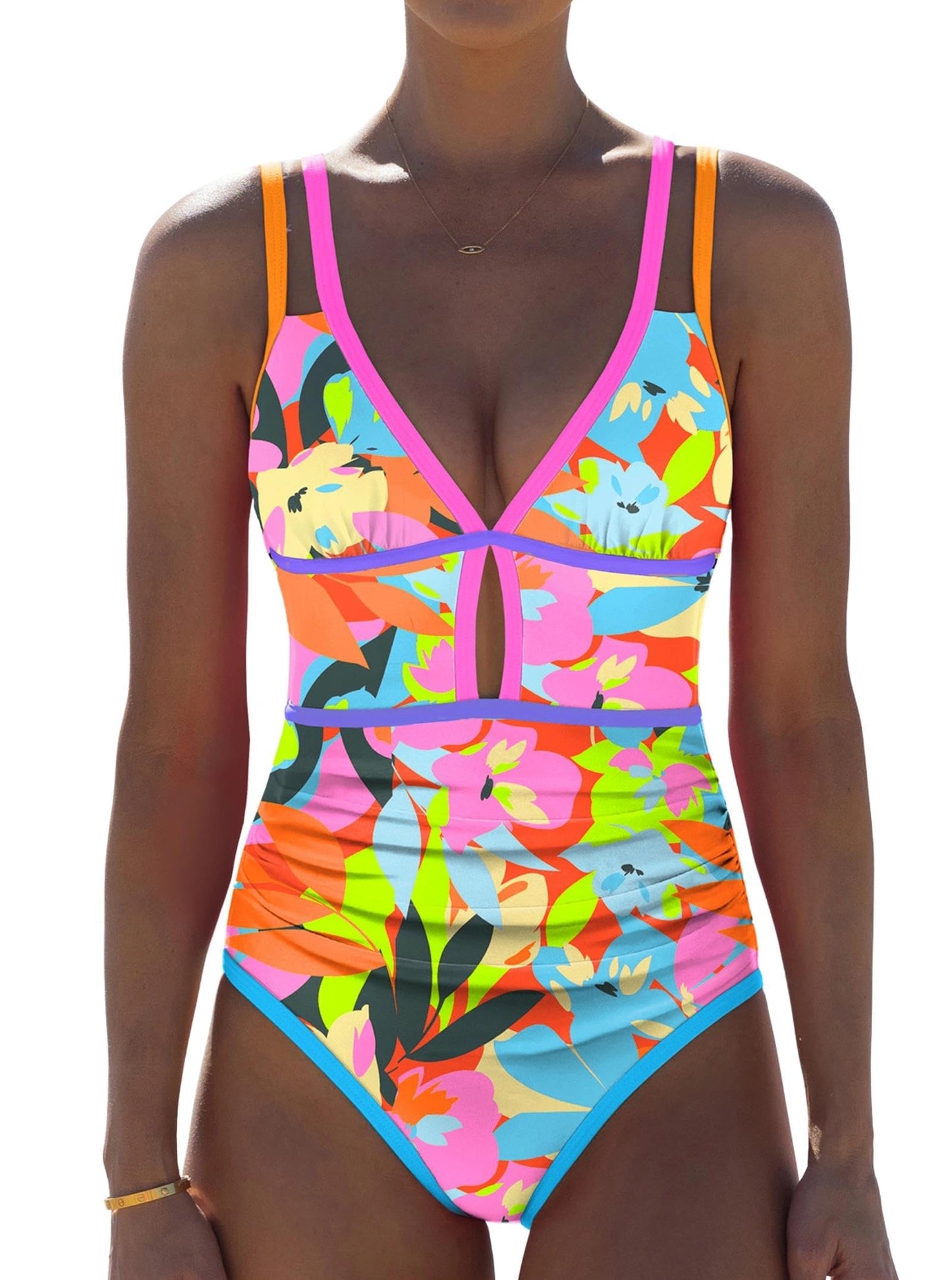 HOTpopvil Women One Piece Swimsuit 2026 Neon Tummy Control Bathing Suit | Tummy Ruched Design, Color Block, Cutout Design, Deep V Neck, Back tie,Adjustable Straps, Neon Trim,Vacation,Beach