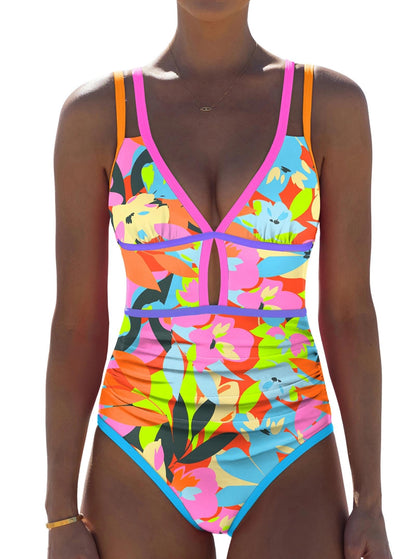 HOTpopvil Women One Piece Swimsuit 2026 Neon Tummy Control Bathing Suit | Tummy Ruched Design, Color Block, Cutout Design, Deep V Neck, Back tie,Adjustable Straps, Neon Trim,Vacation,Beach