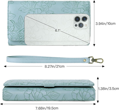 HOTGAEKEAO Wallets for Women Vegan Leather RFID Blocking Card Holder Trifold Ladies Long Purse Wristlet Clutch with 3 ID Windows