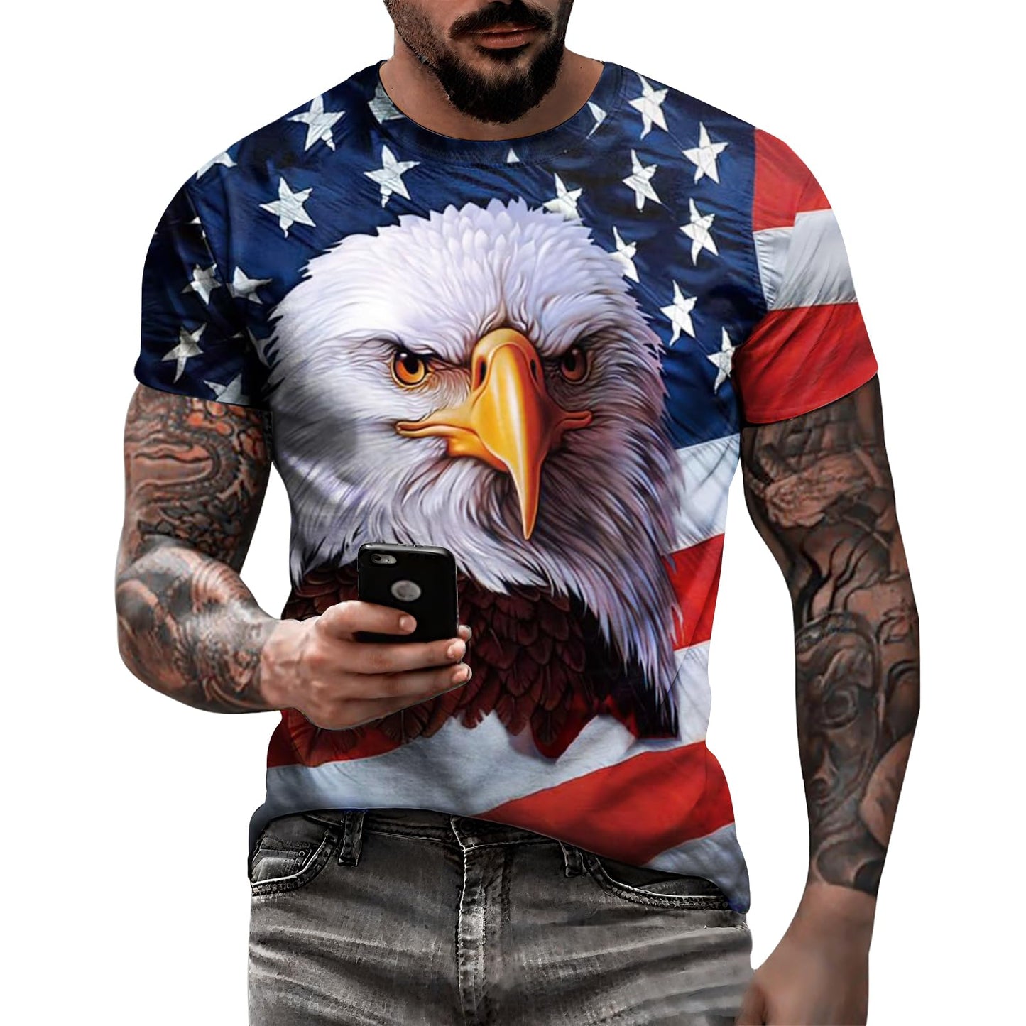HOTEciodci Men's American USA Flag Patriotic T-Shirts 4th of July Shirts US Eagle Flag Soft Summer Short Sleeve Shirt for Men
