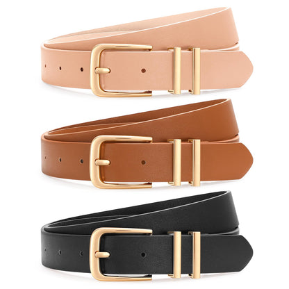 HOTLEACOOLKEY 3 Pack Women's Leather Belts for Jeans Dress Pants Fashion Ladies Leather Belts with Gold Buckle