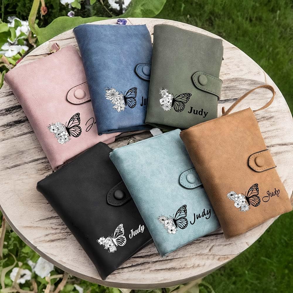 HOTcallie Personalized Tri-Fold Butterfly Birth Flower Leather Wallet with Coin Holder, Custom Christmas Birthday Gifts for Woman