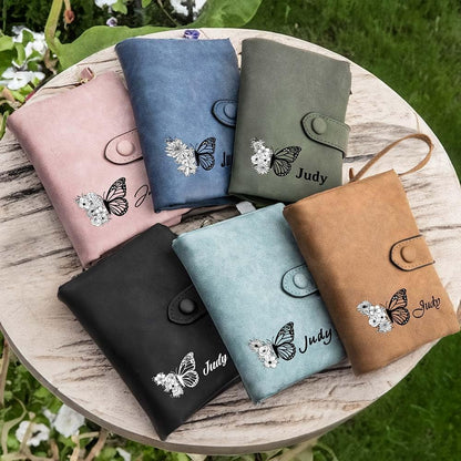 HOTcallie Personalized Tri-Fold Butterfly Birth Flower Leather Wallet with Coin Holder, Custom Christmas Birthday Gifts for Woman