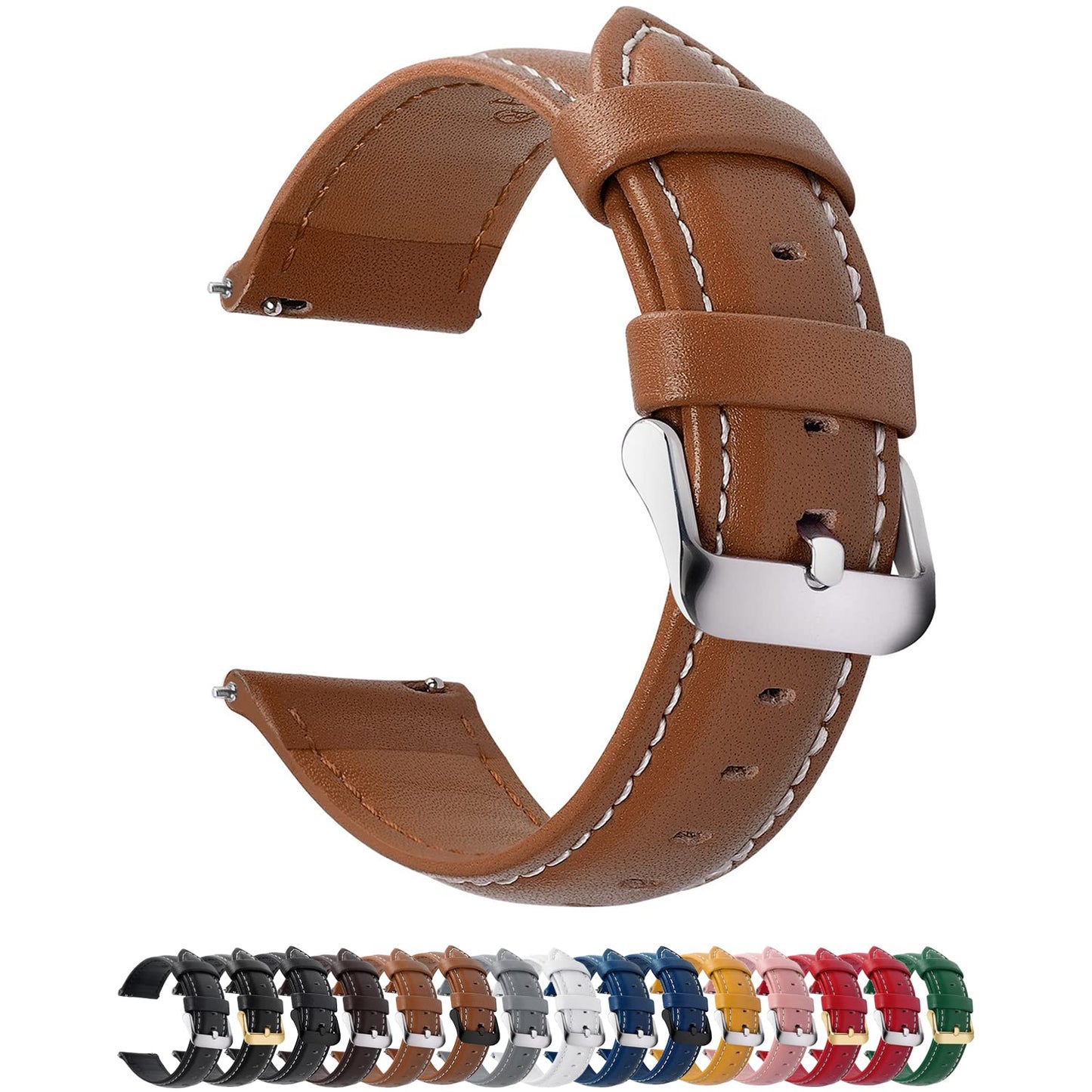 HOTFullmosa 19mm Quick Release Leather Watch Band | Traditional Smartwatch Replacement Strap for Women Men Formal Daily Commute, Black&Silver Buckle