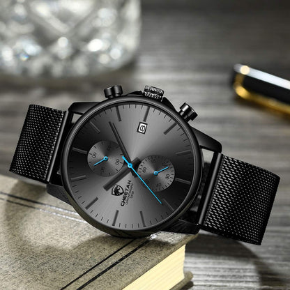 HOTGOLDEN HOUR Mens Watch Fashion Sleek Minimalist Quartz Analog Mesh Stainless Steel Waterproof Chronograph Watches for Men with Auto Date