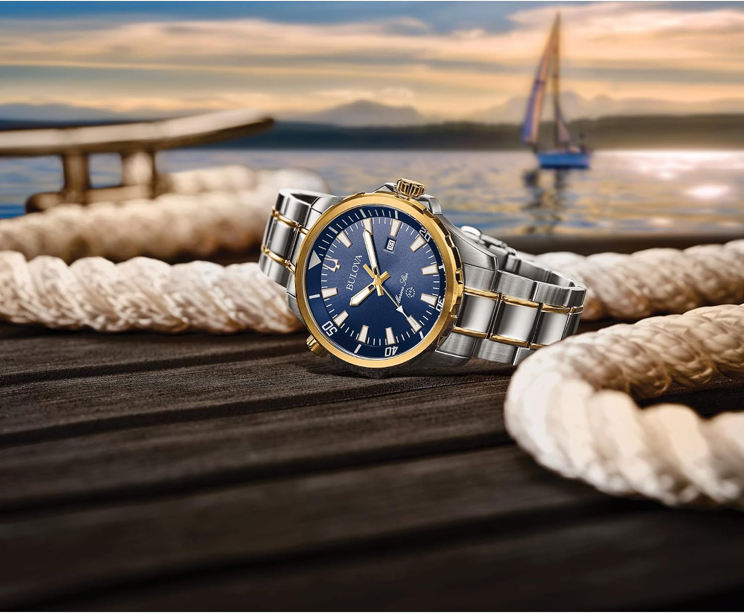HOTBulova Men's Marine Star 'Series B' 3-Hand Date Quartz Watch, Luminous Markers, Rotating Dial, 100M Water Resistant, 43mm