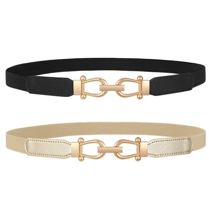 HOTJASGOOD Women Skinny Elastic Belt for Dresses,Thin Retro Stretch Waist Belt with Golden Buckle