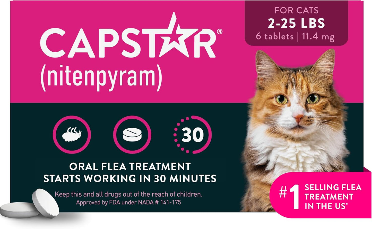 HOTCapstar (nitenpyram) Cat Flea Treatment, Fast-Acting Oral Flea Treatment for Cats 2-25 lbs, Vet-Recommended Medication Tablets Start Killing in 30 Minutes, 6 Doses