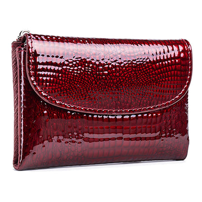 HOTWomen's Crocodile Embossed Patent Leather Wallet, RFID Blocking Card Holder, Ladies Small Trifold Wallet, Compact Purse with 10 Card Slots/ID Window/Zipper Coin Pocket - Green