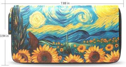 HOTMNSRUU Womens Wallet Purses, Van Gogh and Sunflowers Clutch Purses for Women RFID Blocking Credit Card Holder Wallet Leather Zipper Coin Purse