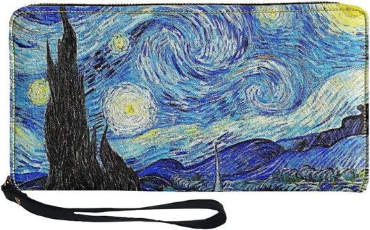HOTGLUDEAR Art Paint Oil Painting Long Wallet for Womens Mens PU Leather Metal Zip RFID Wallet Clutch Purse,The Starry Night,OneSize
