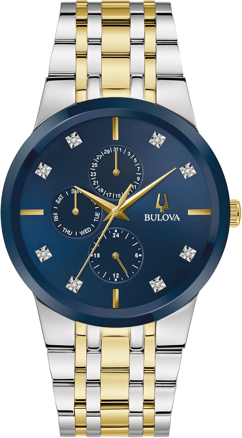 HOTBulova Men's Multi-Function 3-Hand Quartz Watch with Diamond Dial, Edge to Edge Crystal