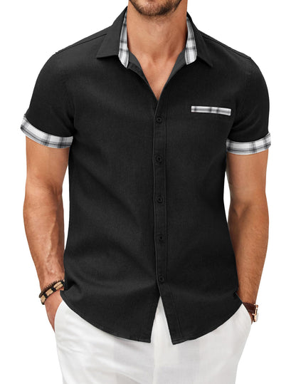 HOTCOOFANDY Men's Cotton Casual Short Sleeve Button Down Shirt Plaid Collar Denim Work Shirts