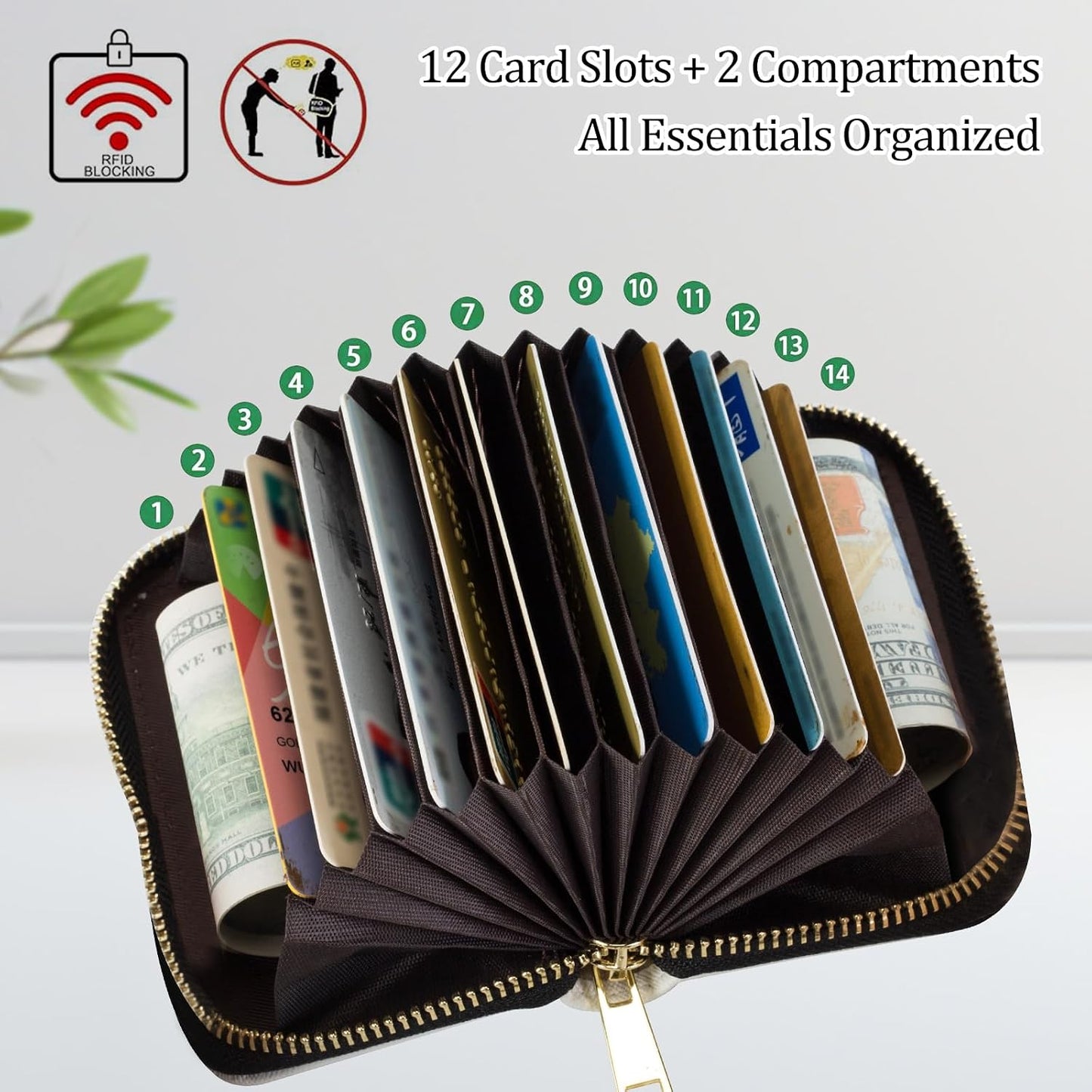 HOTCredit Card Holder for Women Men,RFID Blocking Small Card Case Wallet with Zipper,Leather Pocket Business Card Accordion Wallet-Green Dragonfly