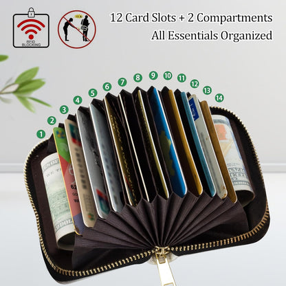 HOTCredit Card Holder for Women Men,RFID Blocking Small Card Case Wallet with Zipper,Leather Pocket Business Card Accordion Wallet-Green Dragonfly