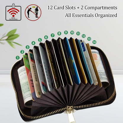 HOTCredit Card Holder for Women Men,RFID Blocking Small Card Case Wallet with Zipper,Leather Pocket Business Card Accordion Wallet-Mushroom Moon in the Forest