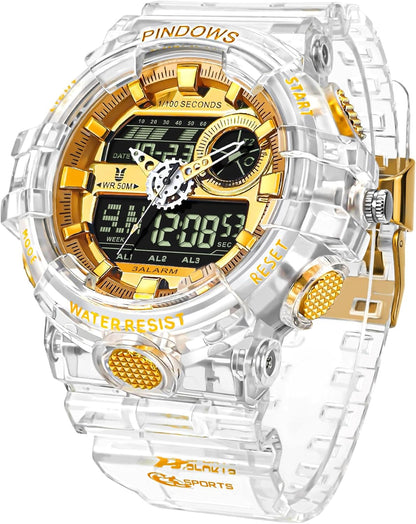 HOTPINDOWS Watches for Men, Transparent Gold Analog Digital Dual Time 50M Waterproof, LED Backlight Multifunctional with Alarms, Stopwatch, Ideal for Sports, Outdoor Activities, and Daily Wear