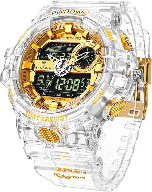 HOTPINDOWS Watches for Men, Transparent Gold Analog Digital Dual Time 50M Waterproof, LED Backlight Multifunctional with Alarms, Stopwatch, Ideal for Sports, Outdoor Activities, and Daily Wear