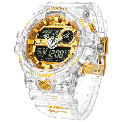 HOTPINDOWS Watches for Men, Transparent Gold Analog Digital Dual Time 50M Waterproof, LED Backlight Multifunctional with Alarms, Stopwatch, Ideal for Sports, Outdoor Activities, and Daily Wear