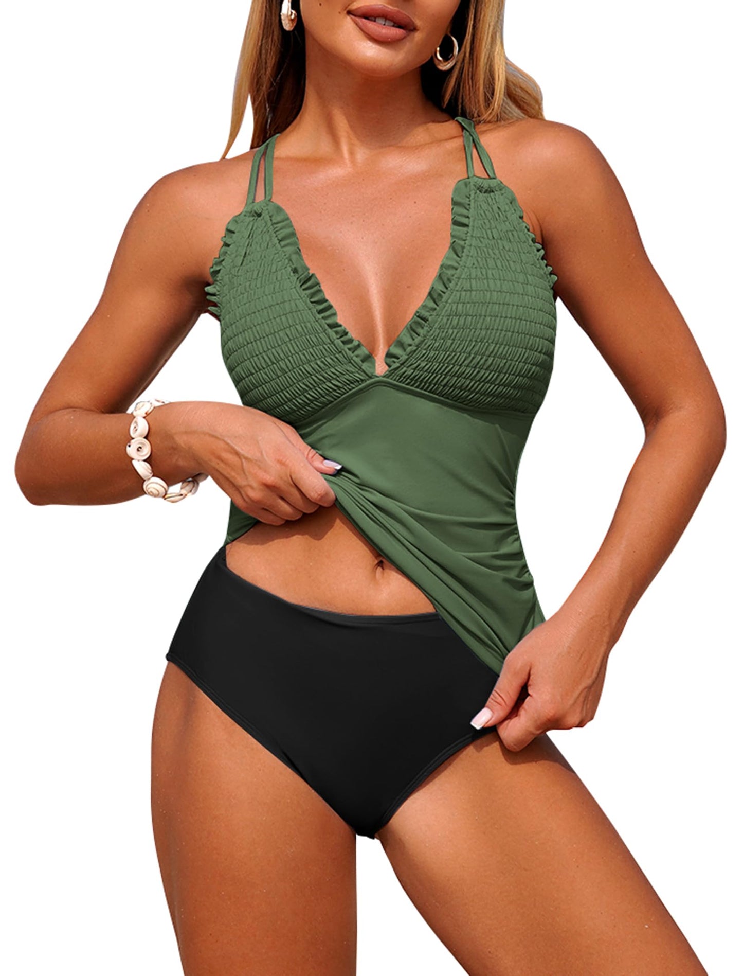 HOTZAFUL Womens Tankini Swimsuits Smocked 2 Piece Bathing Suits Modest Tie Back Swimwear