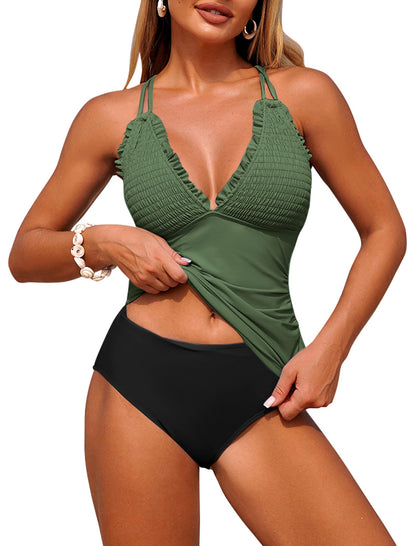 HOTZAFUL Womens Tankini Swimsuits Smocked 2 Piece Bathing Suits Modest Tie Back Swimwear
