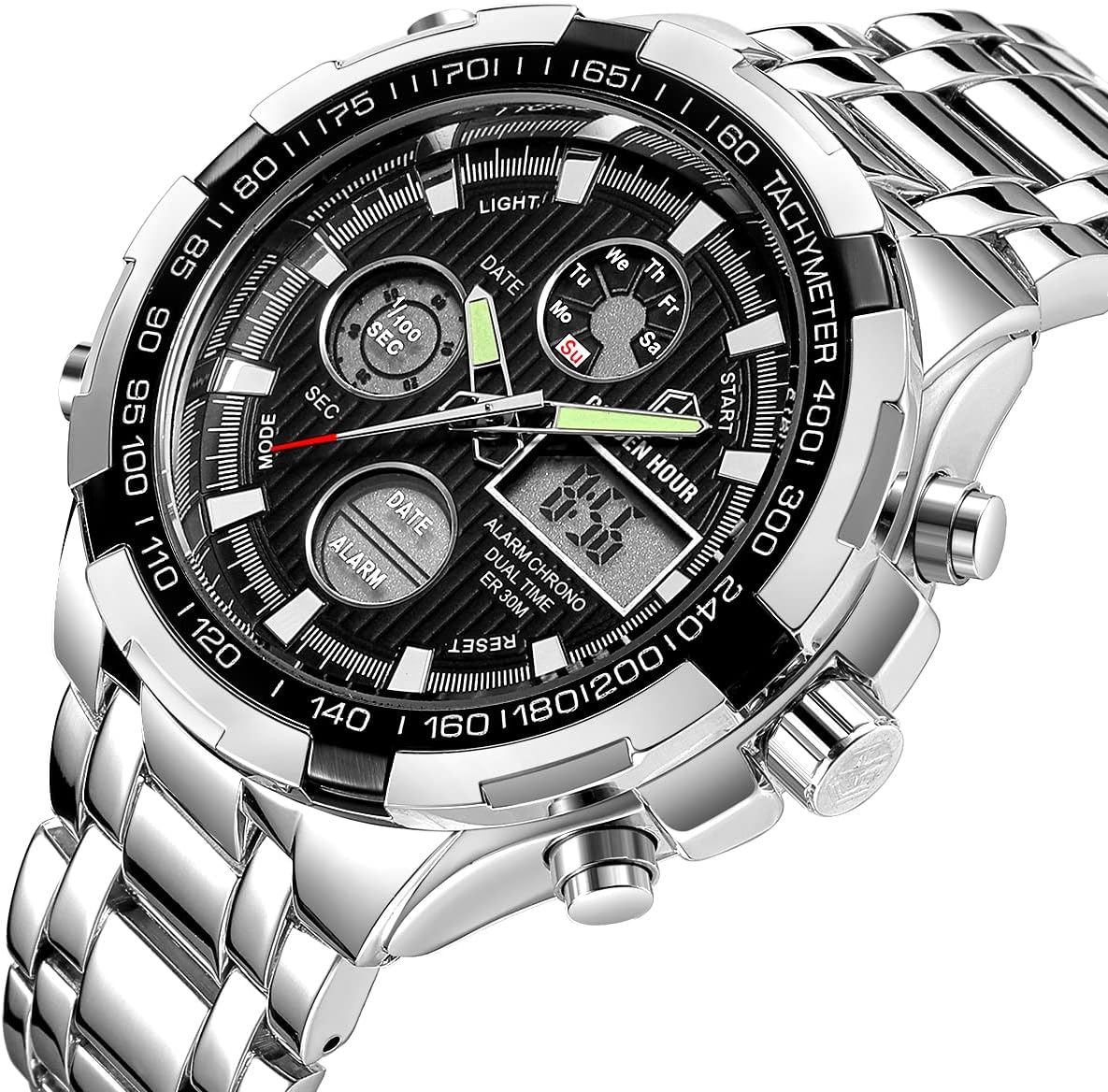 HOTGOLDEN HOUR Luxury Stainless Steel Analog Digital Watches for Men Male Outdoor Sport Waterproof Big Heavy Wristwatch
