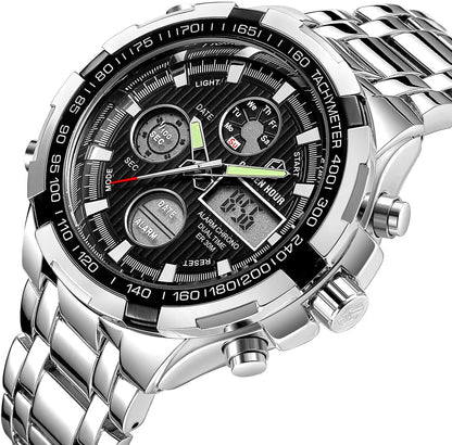 HOTGOLDEN HOUR Luxury Stainless Steel Analog Digital Watches for Men Male Outdoor Sport Waterproof Big Heavy Wristwatch